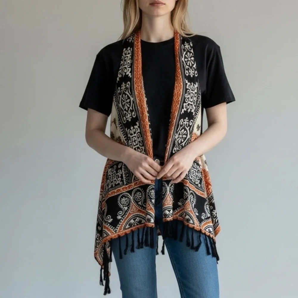 Christina Boho Paisley Scarf Print Open Front Fringed Sleeveless Cardigan Vest